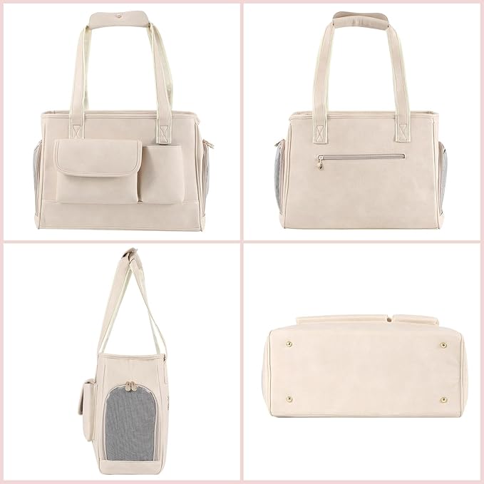 Dog Carrier Purse, Fashion Leather Pet Carrier Bag, Airline Approved Soft Sided Cat Travel Tote Bag with Pockets White