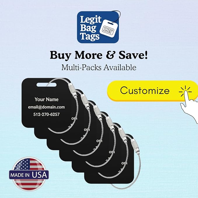 Custom Luggage Tags (3 or 6 Pack) - Personalized Unique Suitcase & Backpack Travel, Durable, Waterproof & Heavy Duty (Black)