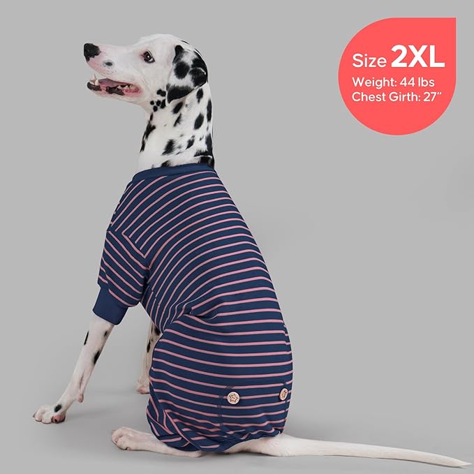 KYEESE Dog Pajamas, Striped Pet PJS Velvet Fleece Doggie Jammies, 4 Legs Outfit Soft Dog Pajamas, Cozy Pet Clothes Onesie, Comfortable PJS for Large Dogs,Navy Blue Striped,XXX-Large