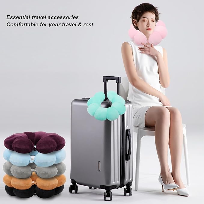 Flower Travel Neck Pillows for Airplanes Breathable Cotton U-Shaped Neck Pillow for Kids & Adults Head Neck Chin Support Rest Pillow for Traveling,Car,Train,Bus,Recline,Home,Office,Light Blue