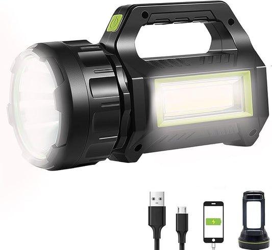 LED Searchlight LED Lantern, Solar Rechargeable Super Bright 10000LM Handheld LEDs Spotlight, Multifunctional Camping Lamp Work Lights, 7 Light Modes, IPX4 Waterproof, for Emergency