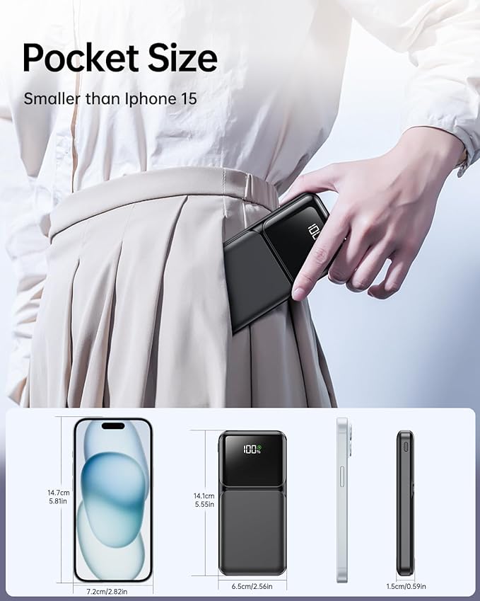 Portable Charger with Built in Cable -20000mAh Fast Charging Power Bank USB C Slim 22.5W LED Display Battery Pack 5 Outputs & 3 Inputs for Travel Essentials iPhone Samsung Phones Black