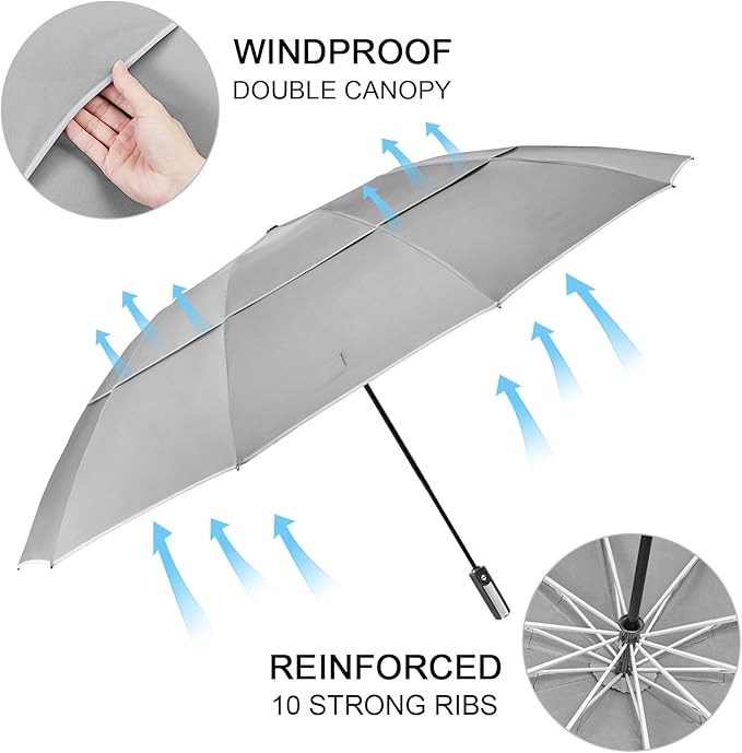 G4Free 54/62 Inch Windproof Inverted Umbrella with Reflective Stripe Large Compact Reverse Golf Umbrella for Rain 10 Ribs Double Canopy Travel Umbrella Automatic Open Close