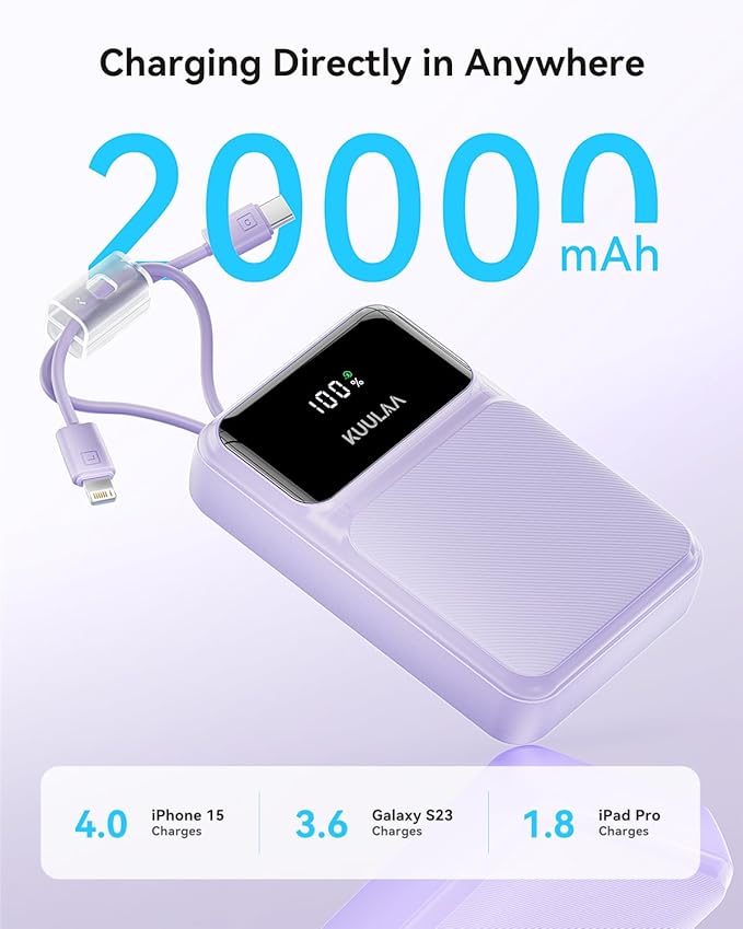 Kuulaa Portable Charger Power Bank 20000mAh,22.5W Fast Charging with Built-in Cables,Travel Essentials Battery Pack with LED Display,Compatible with iPhone Samsung Google iPad Android,Purple
