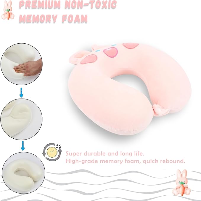 Travel Pillow, Kids Travel Pillow with Sleep Eye Mask Soft Memory Foam Kids Neck Pillow for Boys & Girls, Travel Accessories for Car Airplane Traveling - Screaming Rabbit