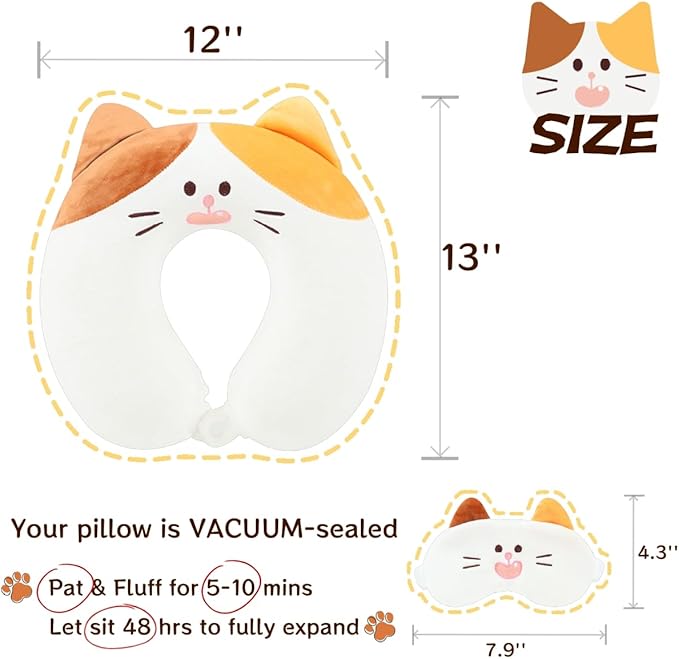 Kids Neck Pillow for Travel with Sleep Eye Mask, Cute Travel Neck Pillow, Memory Foam Flight Sleeping Headrest Pillow for Boys & Girls, Airplane, Train, Car, Home Use - Tricolor Cat