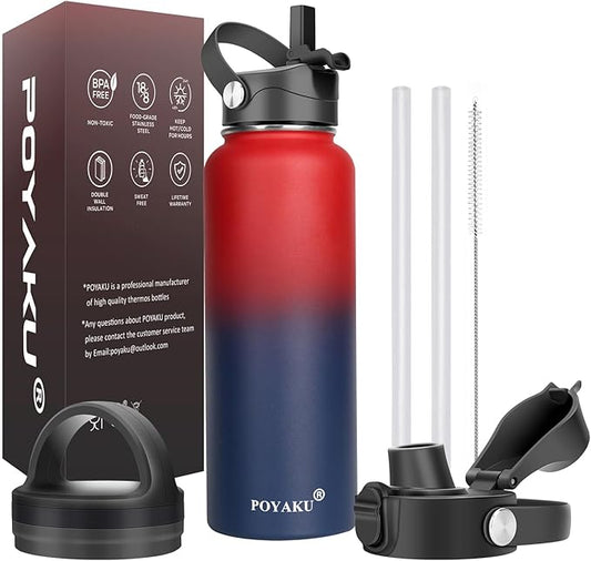 Water Bottle Insulated 32oz 40oz 64oz 128oz Straw Lid Spout Lid & 3 Lids, Leak Proof, Vacuum Insulated,Stainless Steel Water Bottle Wide Mouth for Sports, Gym or Office