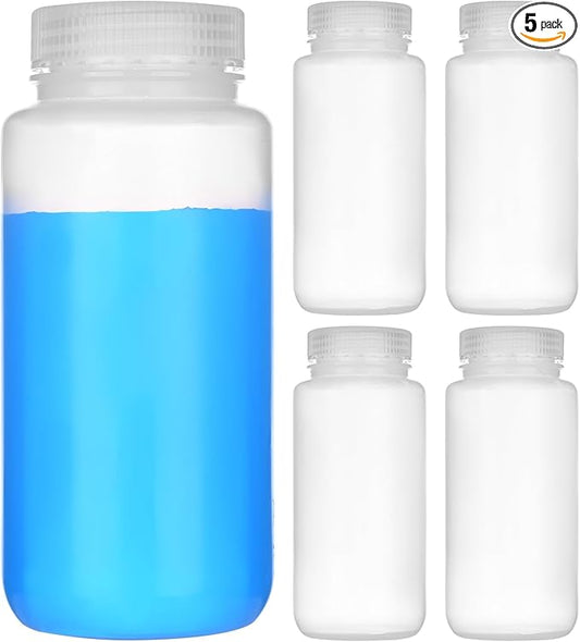 16oz/500ml Plastic Sample Bottles with caps, Wide Mouth Reagent Bottle with Lids Leak Proof Containers Water Sample Bottles for Laboratories, Travel(5Pcs)