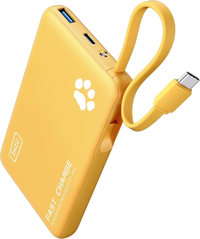 INIU Portable Charger, Slim 10000mAh Power Bank with Build in USB-C Cable, 45W Fast Charging Small Phone Charger, Flight Cruise Ship Trip Accessories Essentials for College Student Boy Girl, Yellow