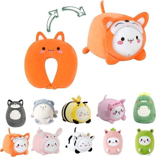 Kids Travel Pillow - 2-in-1 Deformable Kids Neck Pillow for Traveling, Soft U-Shaped Pillow with Adorable Animal Design, Comfy Sleep and Play, Ideal for Airplanes and Traveling (QQ Orange Fox)