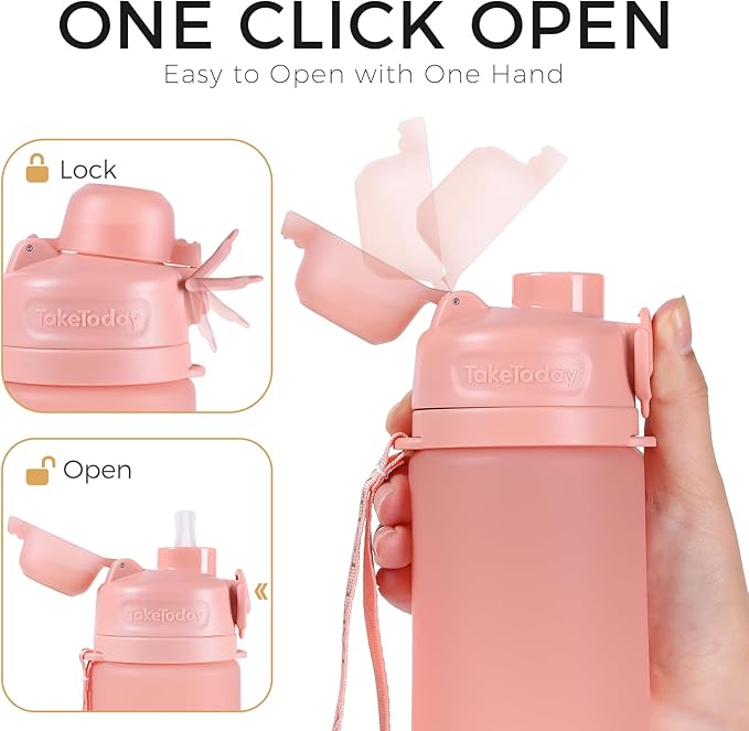 TakeToday Collapsible Water Bottles 20oz, Leak Proof, BPA-Free, Foldable Silicone Travel Water Bottle with Straw Strap for Cycling, Hiking, Outdoors