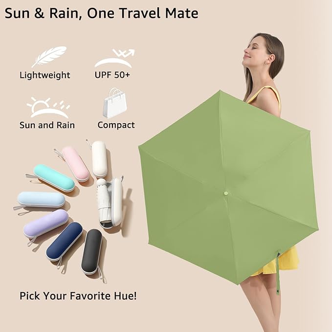 BAODINI Travel Essentials Mini Umbrella for Purse With Case Small Compact UV Sun Protection Lightweight Tiny Pocket Manual Open Close Umbrella for Women Kids and Men Fit Purse Backpack