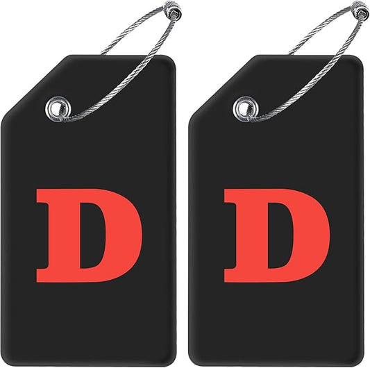 Gostwo 2 Pack Silicone Luggage Tags for Suitcases, 26 Initial Letter Baggage Labels Handbag School Bag Suitcase Instrument Tag with Stainless Steel Loop(Black)(Letter D)