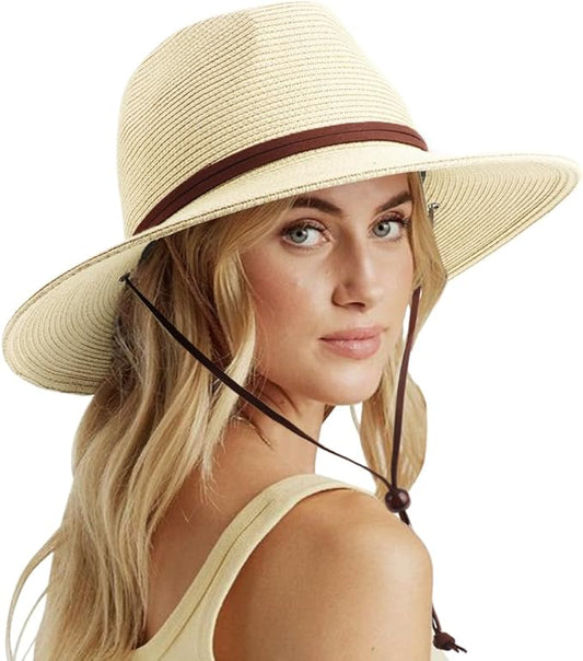 DRESHOW Women Straw Panama Hat Travel Fedora Beach Sun Hat Summer Wide Brim Straw Roll up Hat UPF 50+