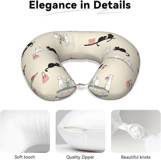 Memory Foam Airplane Pillow Cute Black and White Cat for Car Chin Head Neck Supporting, U Shape Pillows Travel Cushion for Office, Nap Sleeping