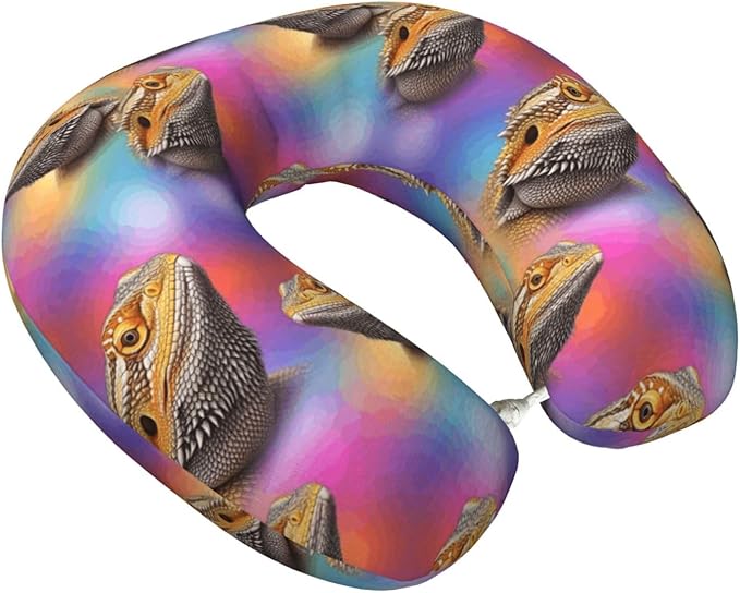 Neck Support Pillow, Comfortable Memory Foam Car/Flight/Airplane Chin Pillows U Shaped Cushion for Office Travel Sleeping Cute Bearded Dragon Lizards