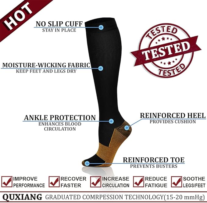 QUXIANG Copper Compression Socks for Women & Men Circulation (8 Pairs) - Best for Running Athletic Cycling - 15-20 mmHg