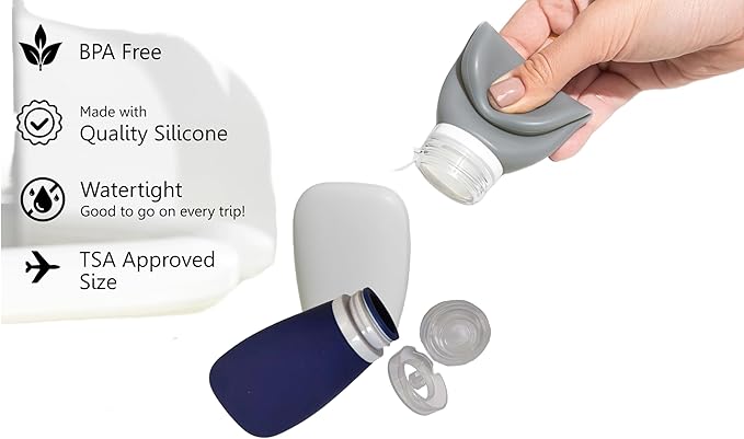 Travel Bottles for Toiletries, TSA Approved 3oz (90ml) Leak Proof Silicone Refillable Squeeze Travel Size Containers BPA Free for Cleansers, Lotions, Shampoo 4pk-With Bag (P,G,Blk,BL)