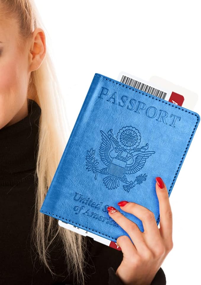 Eoehro Unisex-Adult Passport and Vaccine Card Holder Combo, Sky Blue, Faux Leather, RFID Protected