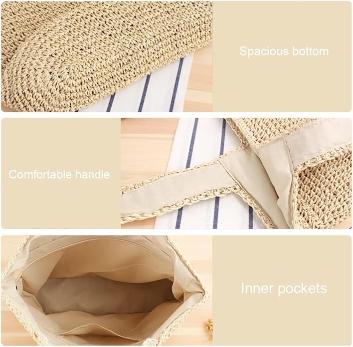 Straw Beach Bags for Women Woven Beach Tote Bag Casual Boho Large Shoulder Handbags Purse for Vacation Holiday