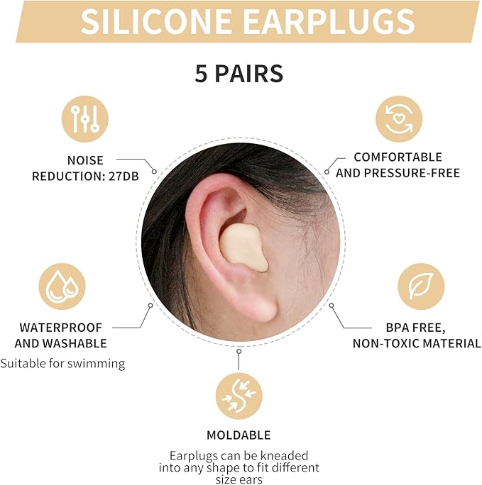 LYSIAN Silicone Moldable Earplugs Waterproof-27dB SNR Ear Plugs for Sleeping Noise Cancelling, Shower, Work and Study-Skin Color 5 Pairs