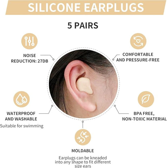 LYSIAN Silicone Moldable Earplugs Waterproof-27dB SNR Ear Plugs for Sleeping Noise Cancelling, Shower, Work and Study-Skin Color 5 Pairs