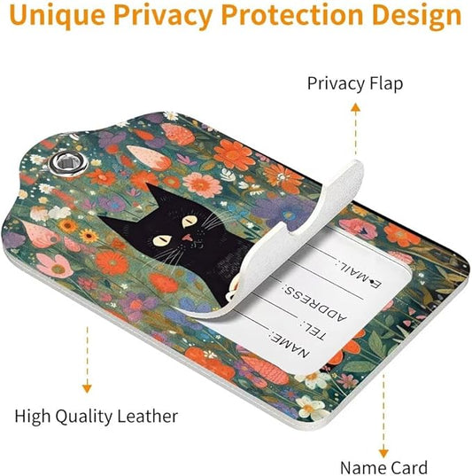2 Pack Luggage Tag for Suitcase, Cute Unique Leather Bag Tags Identifiers Privacy Cover ID Label with Durable Steel Loop for Women Men Kids Girls Travel, Black cat Flower