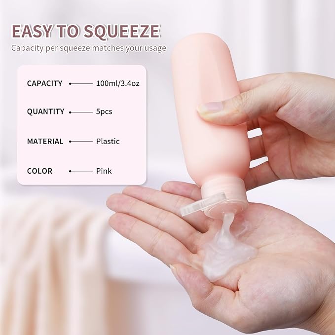 3.4 oz Travel Bottles for Toiletries, Empty Plastic Shampoo Bottle (5PCS) Small Size Container Tsa Approved (100ml, Pink)