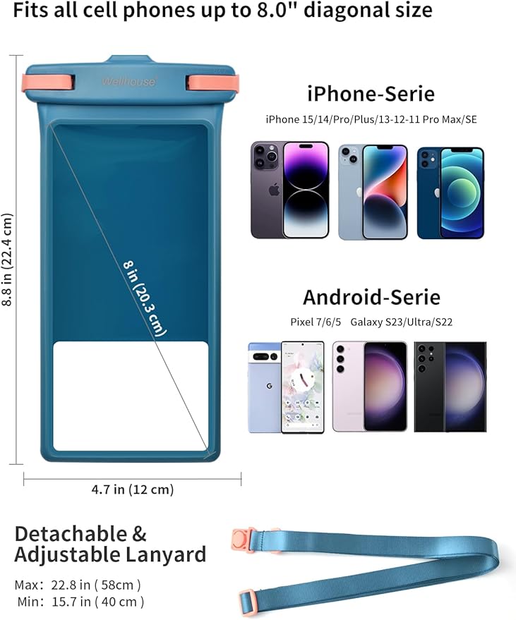 wellhouse Waterproof Phone Pouch, Waterproof Phone Case for iPhone 16 15 14 13 12 Pro Max XS Samsung, IPX8 3D Cellphone Dry Bag Beach Essentials (1 Pack - Blue8.0, 8 inch)