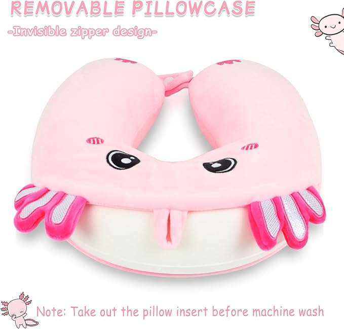 Travel Pillow, Kids Travel Pillow with Sleep Eye Mask Soft Memory Foam Kids Neck Pillow for Boys & Girls, Travel Accessories for Car Airplane Traveling - Axolotl