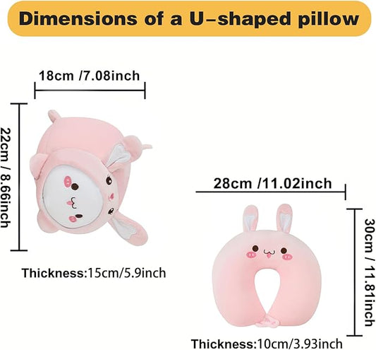 Kids Travel Pillow - 2-in-1 Deformable Kids Neck Pillow for Traveling, Soft U-Shaped Pillow with Adorable Animal Design, Comfy Sleep and Play, Ideal for Airplanes and Traveling (QQ Pink Rabbit)