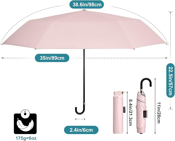 G4Free Mini Travel Umbrella UPF 50+ Ultralight Slim UV Protection Parasol, Windproof Compact Umbrella for Sun & Rain, Portable with J Hook Curved Handle Japanese Style for Women