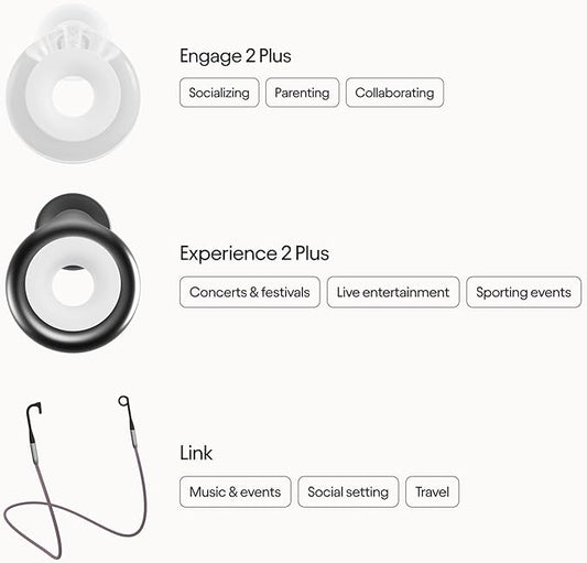 Loop Earplugs Social Plus Link Bundle (2-Pack) – Engage 2 Plus + Loop Experience 2 Plus + Link | Reusable Ear Plugs for Focus, Noise Sensitivity, Music, Parenting & More | 16dB/18 dB Noise Reduction