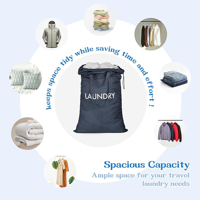 MissBoy Heavy Duty Nylon Laundry Bag,Washable & Splash-Resistant Dirty Clothes Storage Bag with Drawstring & Handles丨Lightweight, Foldable & Space-Saving for College Dorm,Beach&Trips, 80L Navy Blue