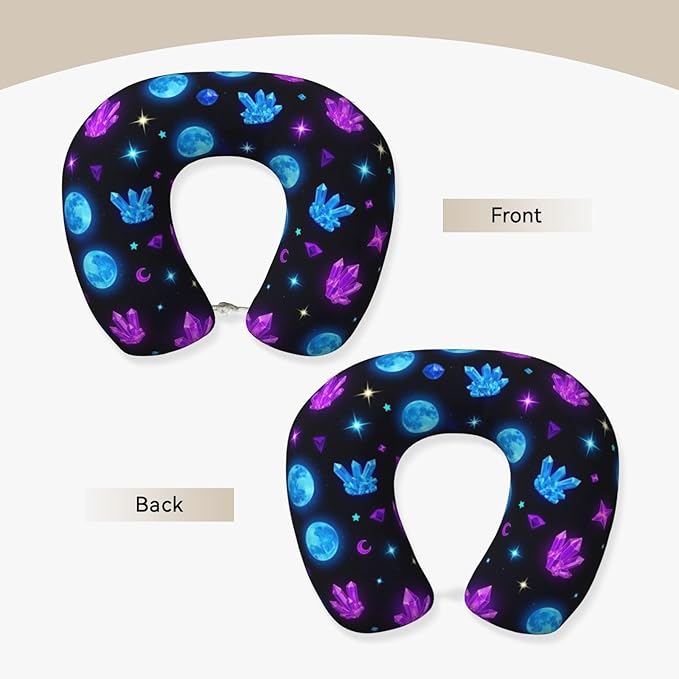 Support Neck Pillow for Youth Travel, Washable Airplane Chin Supporting and Relax U Shaped Pillows Trippy Purple Goth Moon Crystals Black Sky