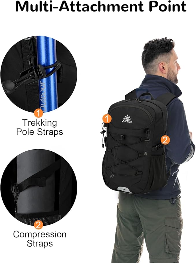 20L Small Waterproof Hiking Backpack with Chest Strap for Men, Lightweight Outdoor Daypack, Black