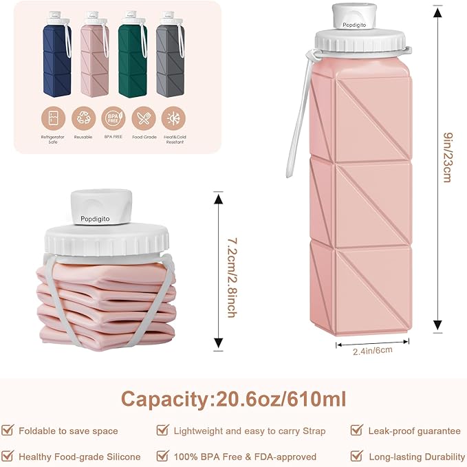 Collapsible Water Bottles, Portable Lightweight Reusable Leak-Proof BPA-Free Silicone Foldable Water Bottle for Travel Hiking Camping Gym Outdoor Activities Sports,Detachable for Dishwasher