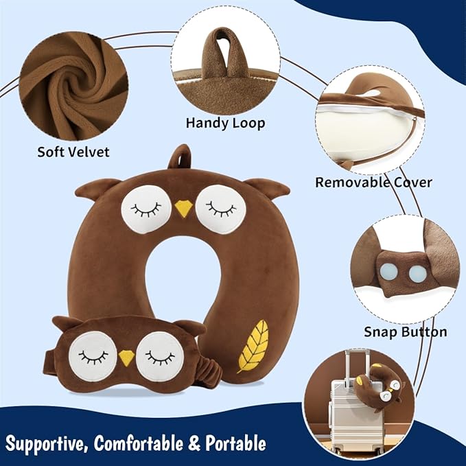 Sexysamba Travel Pillow for Kids Adults with Sleep Eye Mask Cute Cartoon U Shaped Memory Foam Neck Pillows for Travel Head Rest & Neck Support for Airplane, Car, Office Sleeping, Brown Owl