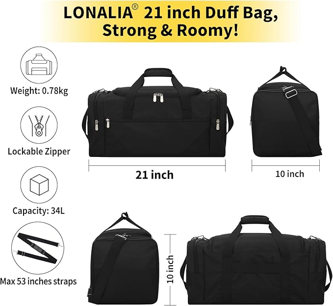 Gym Bag Sport Duffle Bag for Men - 21 in Weekender Travel Bag with Trolley Sleeve (Black)