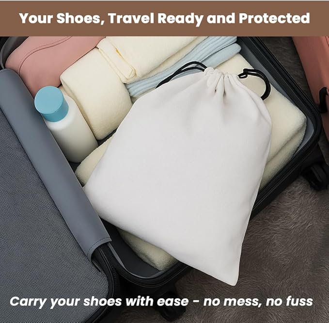 LFH Cotton Rich Shoe Storage Bags with Drawstring, Dustproof Breathable Reusable Organizer, Perfect For Travel, Dorm, Hotel, College, Gym, Easy to Carry, Machine Washable 8"x17" (Pack of 2) - White