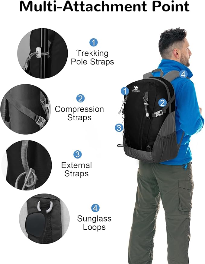 30L Small Waterproof Hiking Backpack with Chest Strap for Men, Lightweight Outdoor Backpack, Black