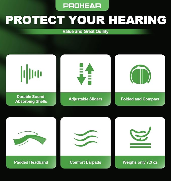 PROHEAR 038 Ear Protection Safety Earmuffs for Mowing, 28dB Noise Reduction Passive Hearing Protector, Compact Foldable Headset for Shooting Construction Power Tools, Green