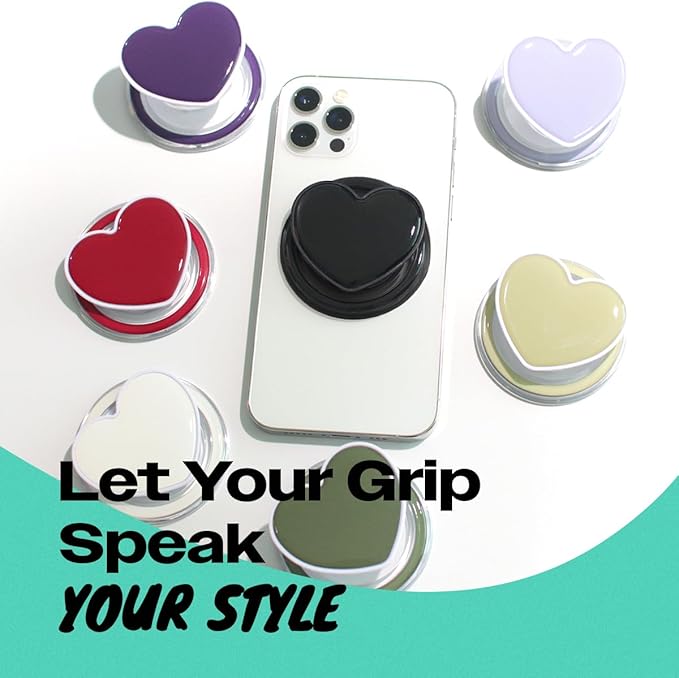 OnTheGrip Cute Solid Macaron Color Heart Shape Collapsible Mobile Phone Grip Stand Holder for Smartphone Tablet Cell Phone Accessory (Black)