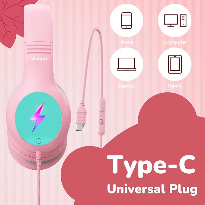 Kids USB C Headphones for School, 2025 Upgrade Safe Listening Wired Over-Ear Headphones with LED Lights, Volume Limiter & Microphone, Foldable Design for iPhone 16, iPad, Tablet