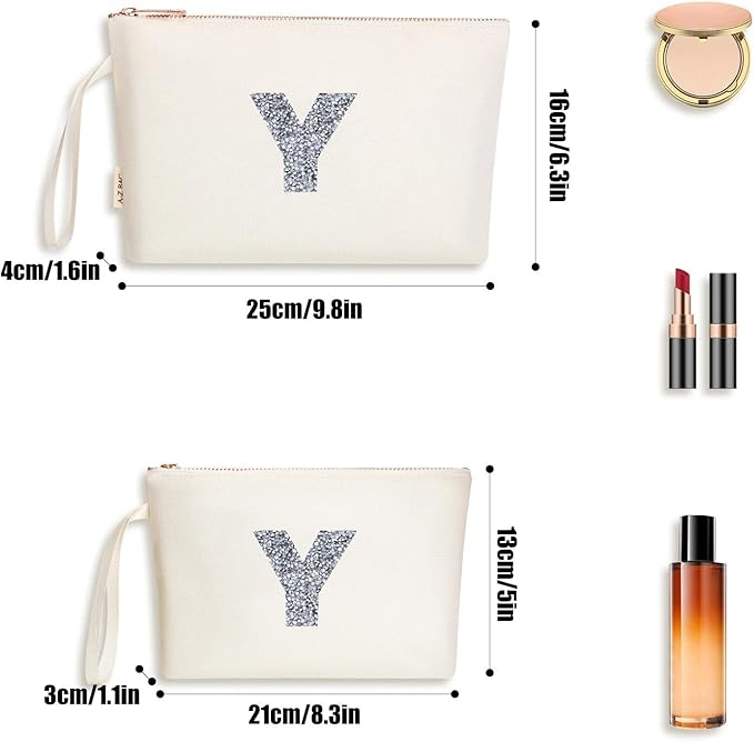 A-Z BAG 2pcs Personalised Makeup Bag Set, Canvas Cosmetic Bag with Rhinestone Initial, Birthday Gifts for Women (Y, Beige)