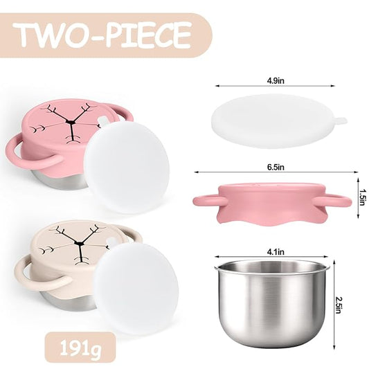 Mity rain 2-Pack Stainless Steel Snack Containers for Kids with Spill-Proof Silicone Lids & Handles - 3-in-1 Baby Snack Cups, Reusable No-Spill Toddler Snack Box, Perfect for On-The-Go Healthy Eating