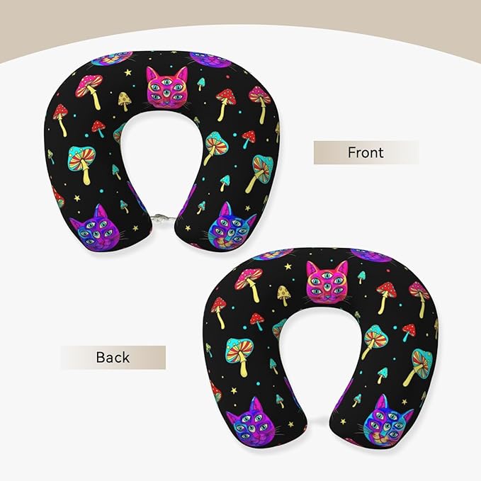 Neck Travel Pillow, Women Men Washable Airplane Car Pillows Trippy Eyes Black Cat Goth Mushroom, Head Support Rest U Shaped Cushion Comfortable for Watching TV