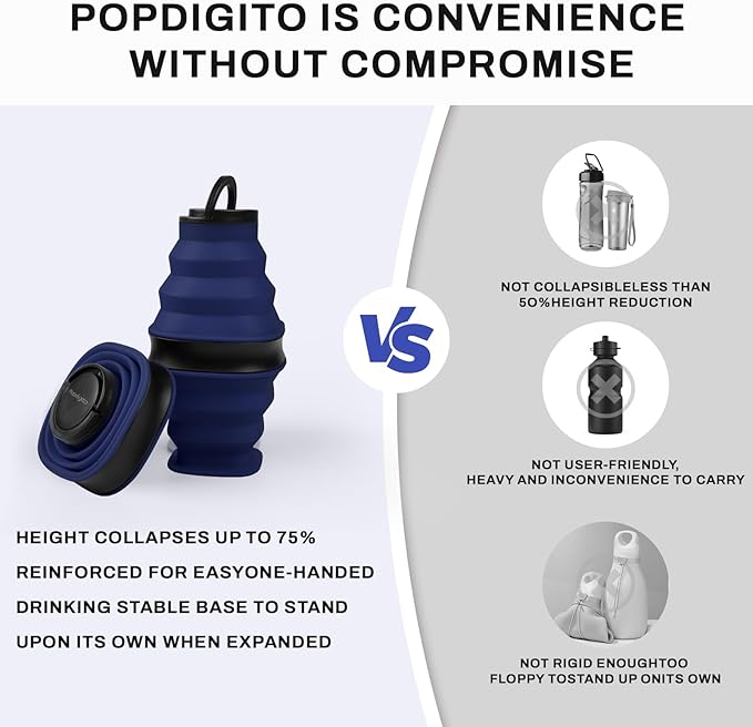 Collapsible Water Bottles,600ml BPA Free Reusable Lightweight LeakProof Silicone Foldable Water Bottle for Travel Hiking Camping Sports,Collapses to 1.5” & anti-Collapse Ring,Dark Blue
