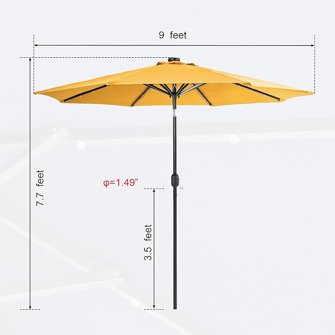 Sundale Outdoor 9FT 32 LED Lighted Patio Umbrella with Solar Powered, Table Market Umbrella with Crank & Push Button Tilt for Garden, Deck, Backyard, Pool, 8 Steel Ribs(Yellow)