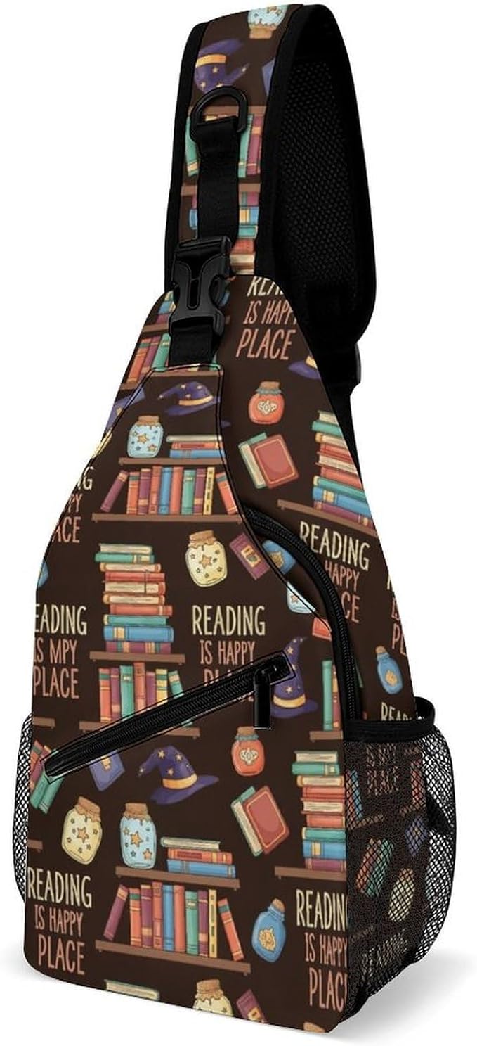 SWEET TANG Fashion Sling Backpack for Men Women, Lightweight Sling Shoulder Bag, Outdoor Chest Crossbody Bike Gym Runner Daypack with Adjustable Strap, Reading Book Is My Happy Place